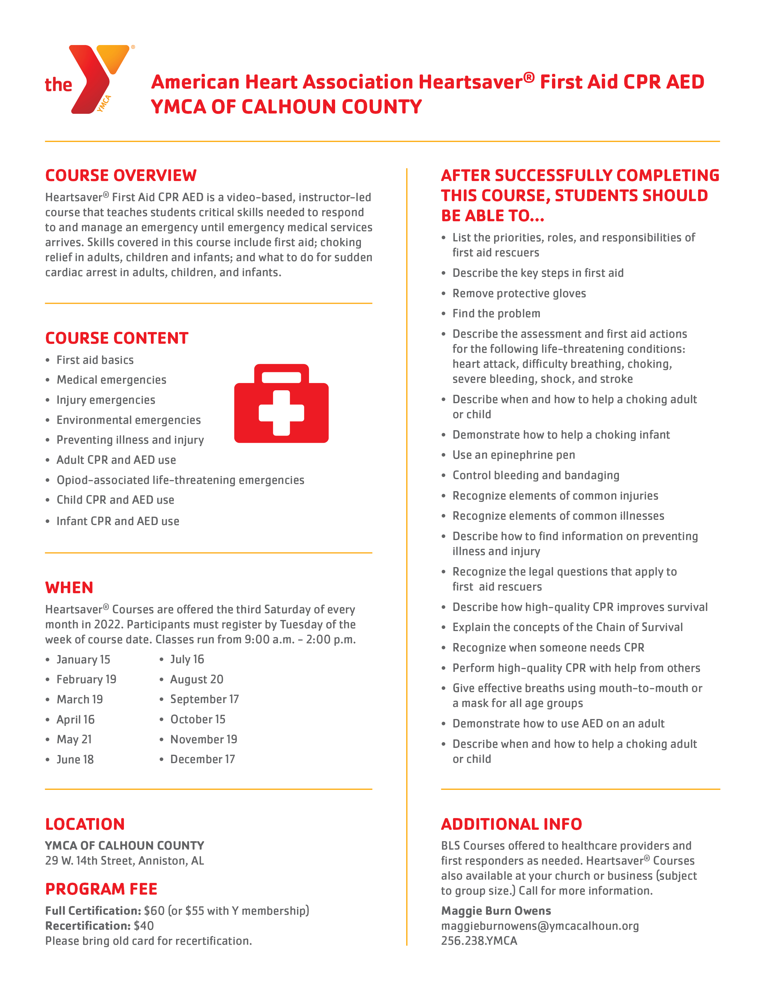 American Heart Association Heartsaver® First Aid CPR AED | Events | YMCA of Calhoun County American Heart Association Heartsaver® First Aid CPR AED | Events | YMCA of Calhoun County